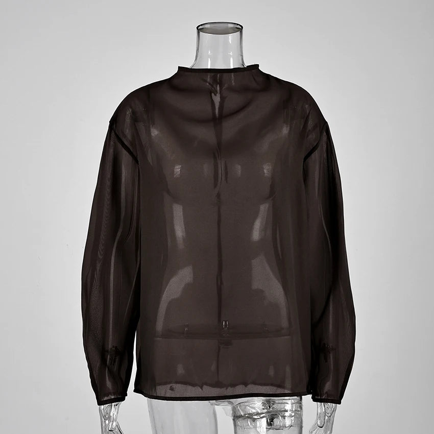 Linad Elegant Brown Mesh O Neck Blouse Women 2025 Sexy Apricot Sheer Shirt Female Autumn Street Chic Loose Long Sleeve Tops New