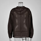 Linad Elegant Brown Mesh O Neck Blouse Women 2025 Sexy Apricot Sheer Shirt Female Autumn Street Chic Loose Long Sleeve Tops New