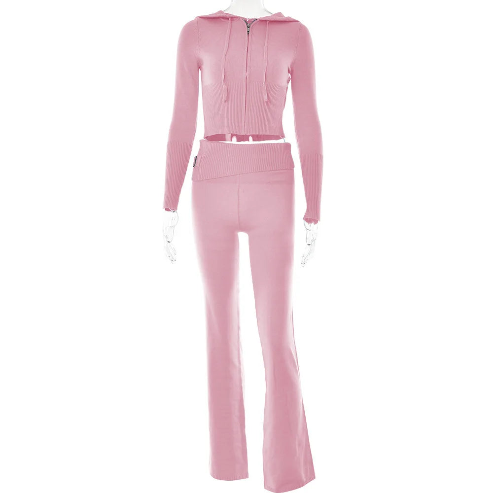 2 Piece Sets Women Knitted Tracksuit Long Sleeve Zipper Hooded Sweater Crop Top Flare Pants Stretch Matching Suit Outfit