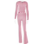 2 Piece Sets Women Knitted Tracksuit Long Sleeve Zipper Hooded Sweater Crop Top Flare Pants Stretch Matching Suit Outfit