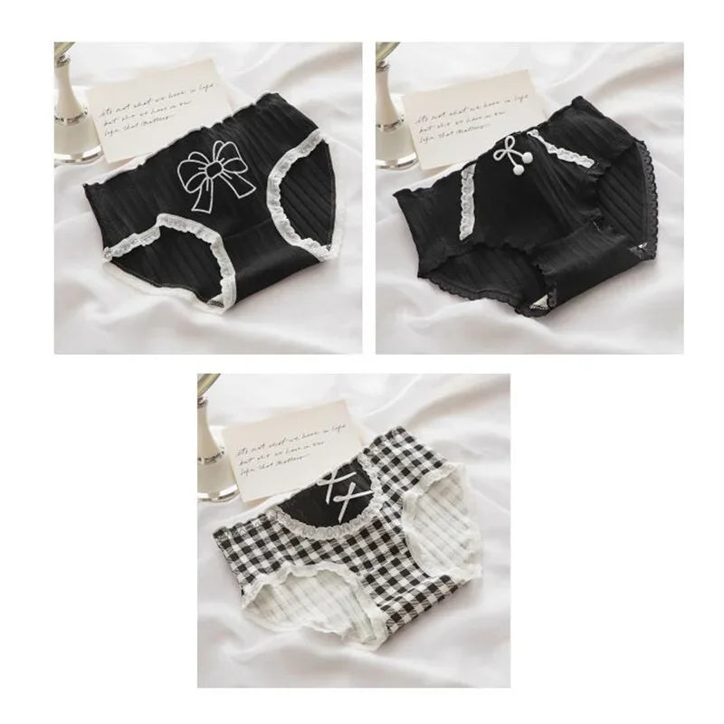 3 Pcs Cute Lolita Lace Trimming Girl Plaid Striped Underwear Summer Sexy Cotton Briefs Langerie Loli Panties