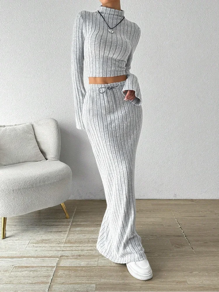 Casual Solid Exposed Navel Knitted Pants Set Women Fashion Spring Stand Collar Long Sleeved Top Lady Fashion Daily Casual Sets