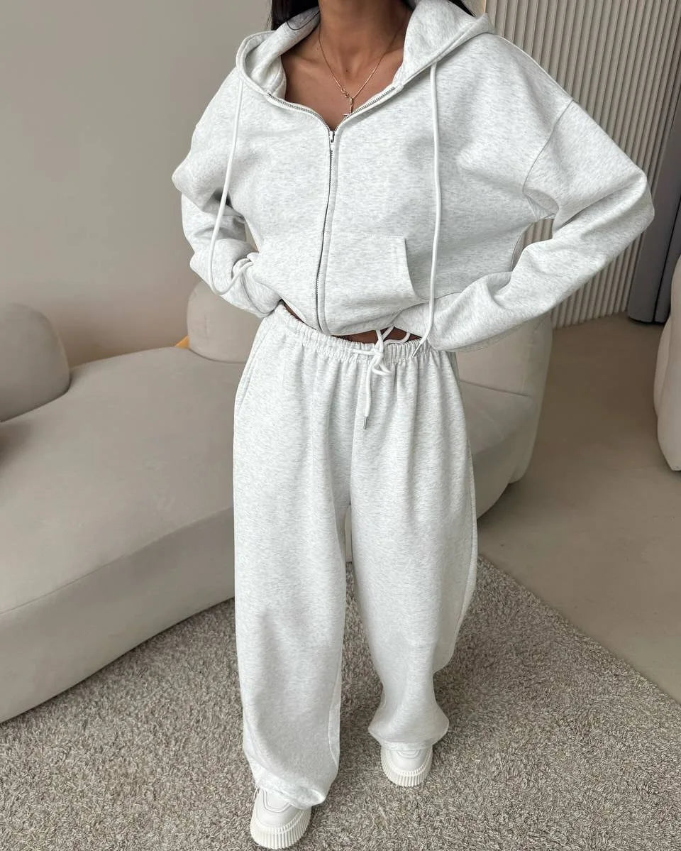 Women's Matching Sets Solid Color Sports Suit Long-sleeved Zipper Cardigan Hooded Sweater Lace-up Trousers Two-piece Set