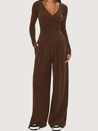 2025 autumn and winter wide leg pants set, women's long sleeved multi occasion sportswear, commuting hot selling item