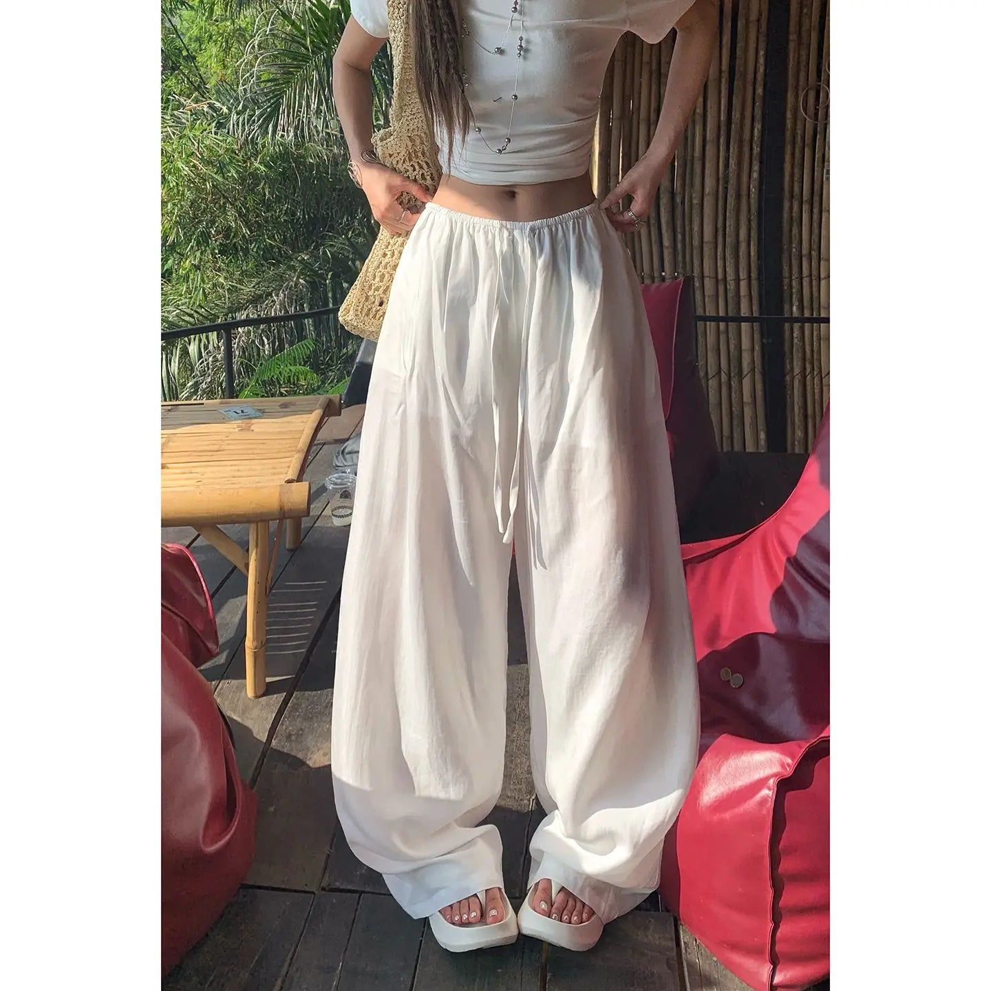 Loose wide-leg pants with elastic waist and drawstring, drapey and versatile, cool summer straight-leg casual pants