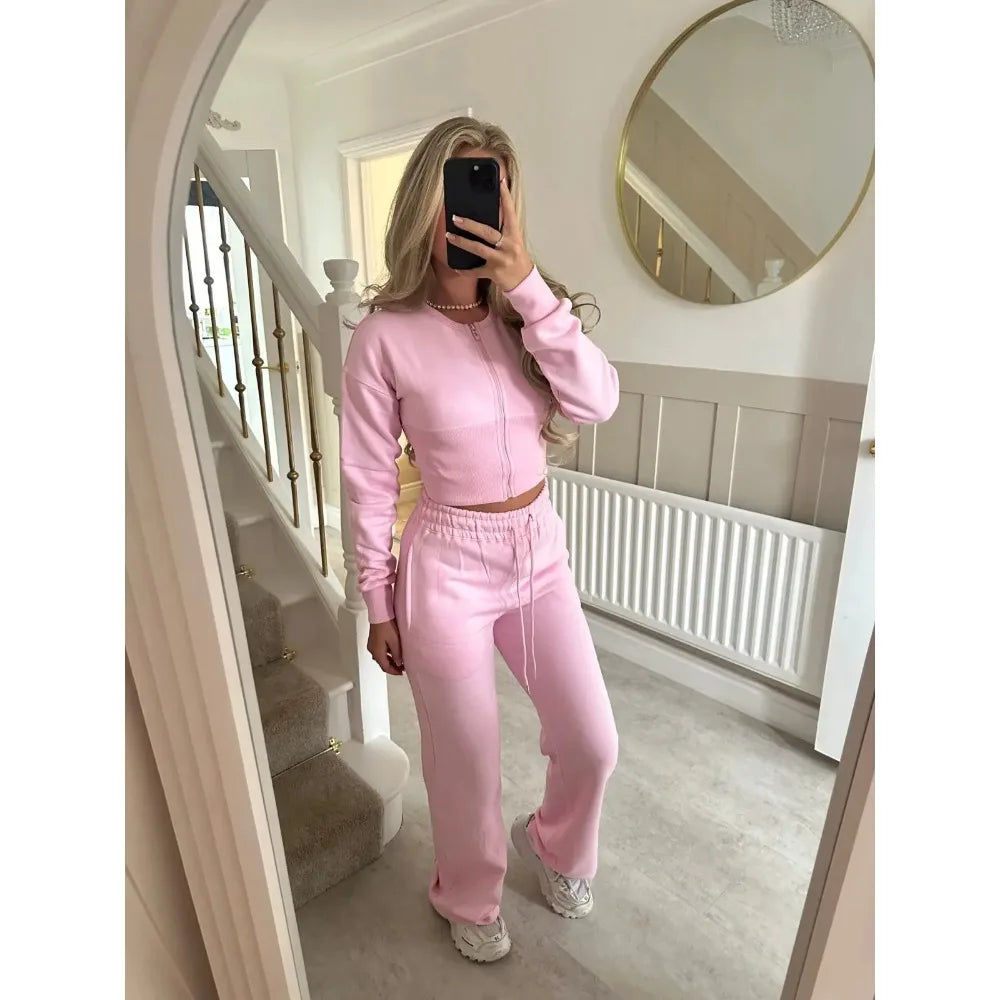 Pant Set Hoodies Sweatshirts Two Piece Sets Women CardiganTracksuit Matching Jogger Sets Zipper Coats Long Pants Lace Up Y2k