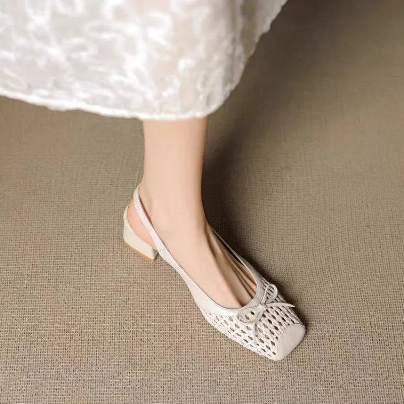 Retro leather square-toe woven high-heeled sandals, 2025 summer fashionable breathable single-buckle thick-heeled women's shoes