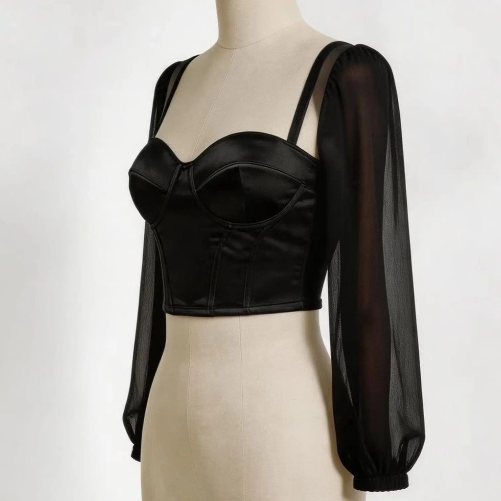 Sheer Mesh Bustier Top Women's Puff Sleeve Spaghetti Strap Corset Women Form Fitting Underwire Cropped Top