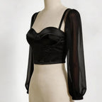 Sheer Mesh Bustier Top Women's Puff Sleeve Spaghetti Strap Corset Women Form Fitting Underwire Cropped Top