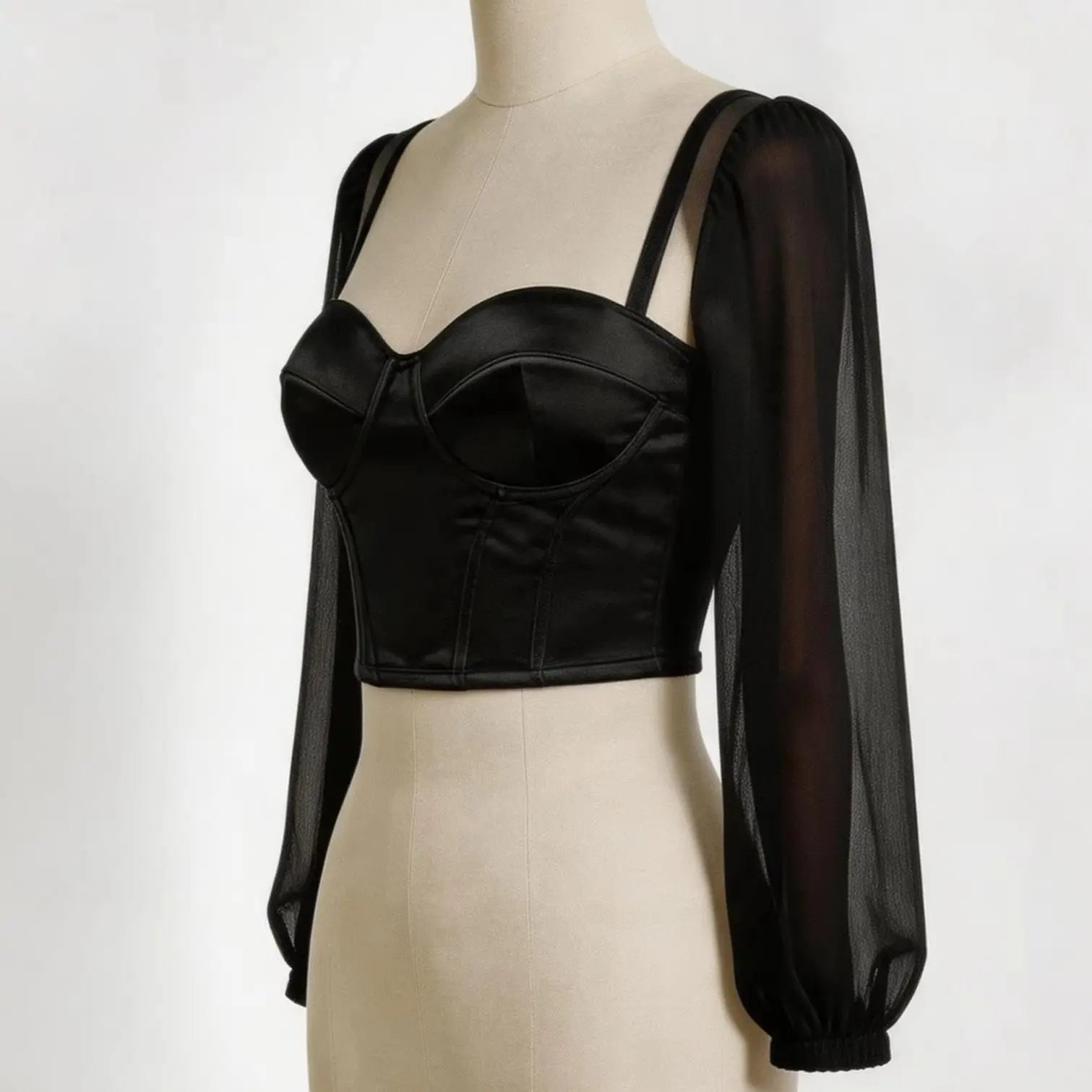 Sheer Mesh Bustier Top Women's Puff Sleeve Spaghetti Strap Corset Women Form Fitting Underwire Cropped Top