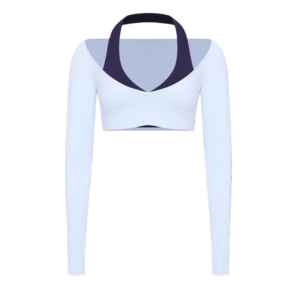 Women's Fake Two-Piece Sports Long Sleeve Halter Neck Pilates Yoga Shirt Slim Fit Fitness Sports Top Leggings Workout Tights
