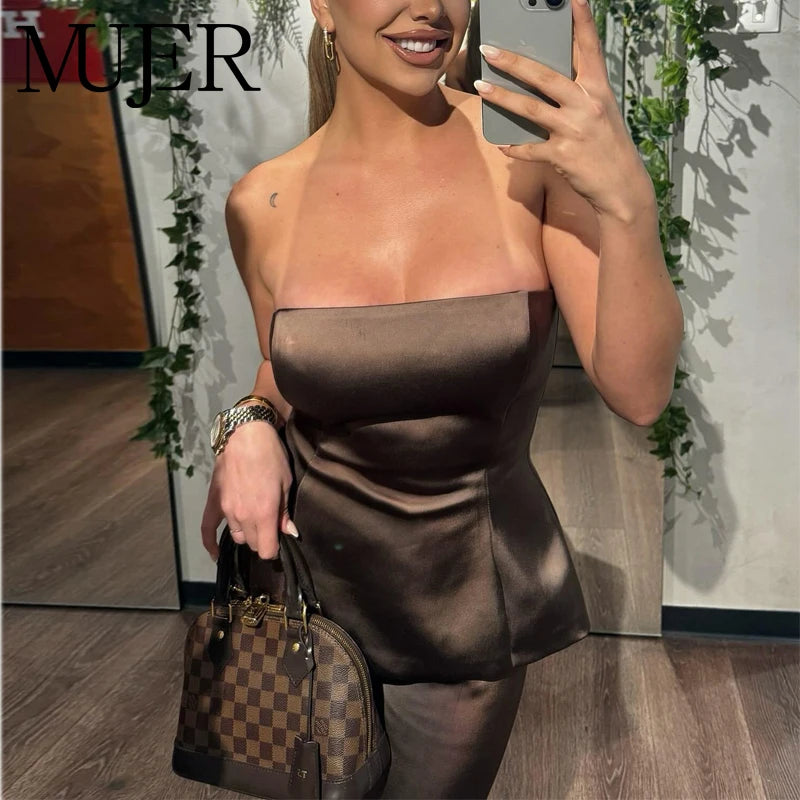 MUJER Satin Corset Top Woman off Shoulder Crop Top Women Sexy Backless Bustier Tops for Women Sleeveless Tank Tops Lady Sets