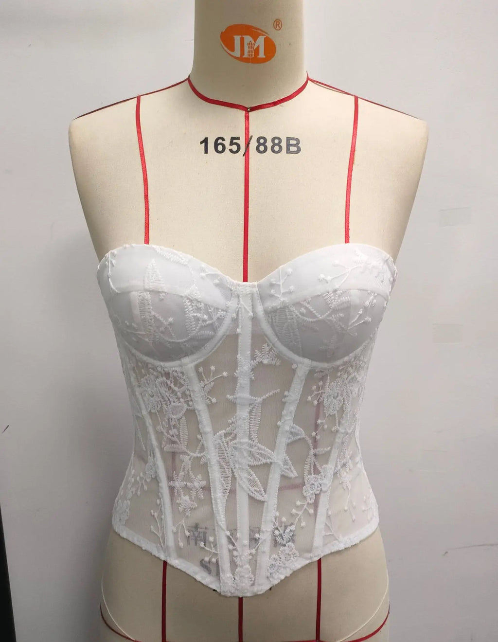 Women's White Floral Lace Strapless Corset Bustier Top with Fishbone Sheer Mesh Corset for Bridal Bachelorette Party