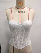 Women's White Floral Lace Strapless Corset Bustier Top with Fishbone Sheer Mesh Corset for Bridal Bachelorette Party