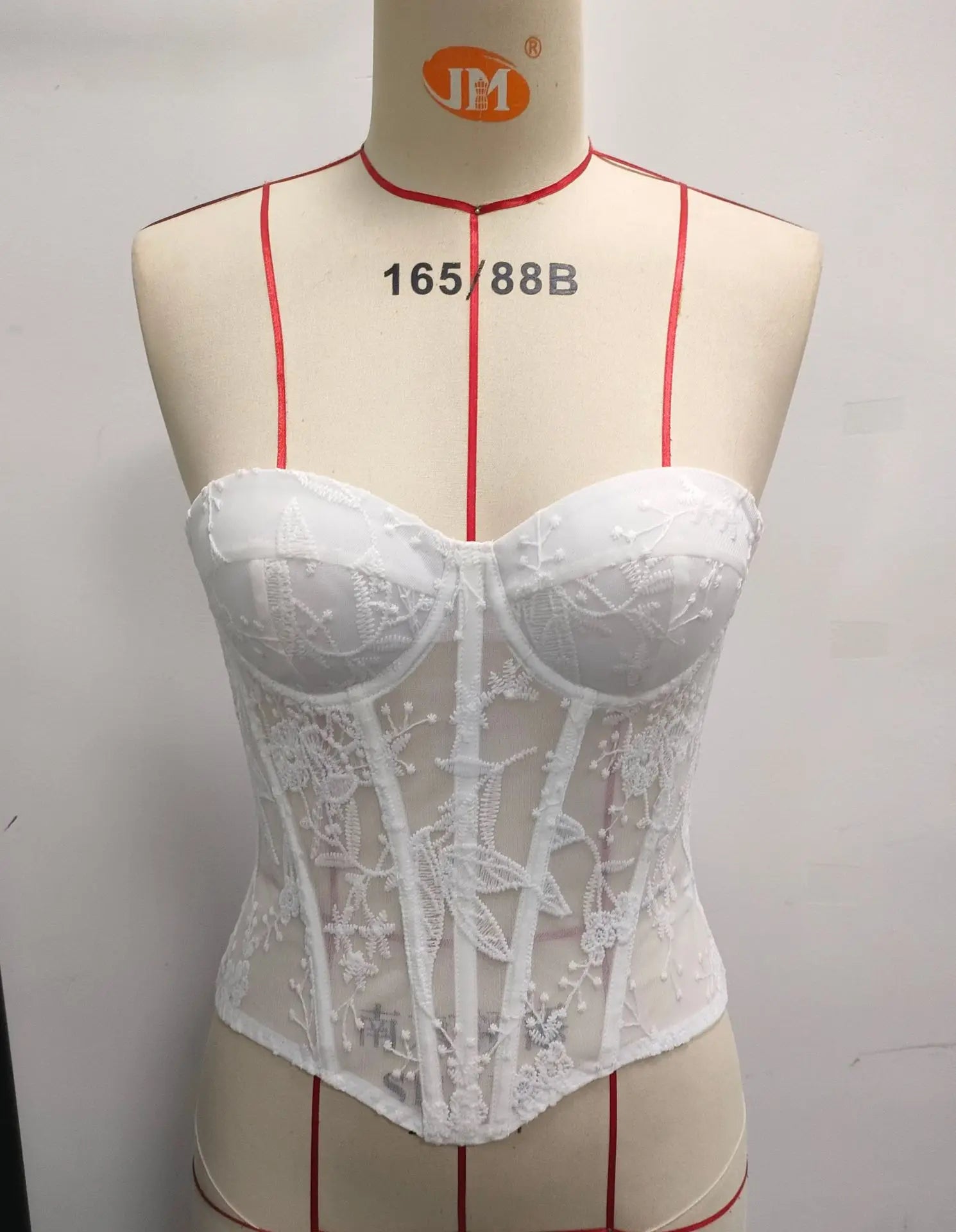 Women's White Floral Lace Strapless Corset Bustier Top with Fishbone Sheer Mesh Corset for Bridal Bachelorette Party