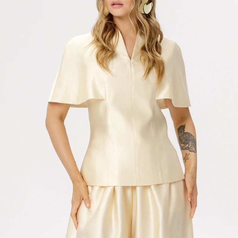 Fashion V-Neck Top Lantern Pants Set Women's Solid Short Sleeve Tops Loose Wide Leg Trousers 2026 Summer Lady Casual Outfit