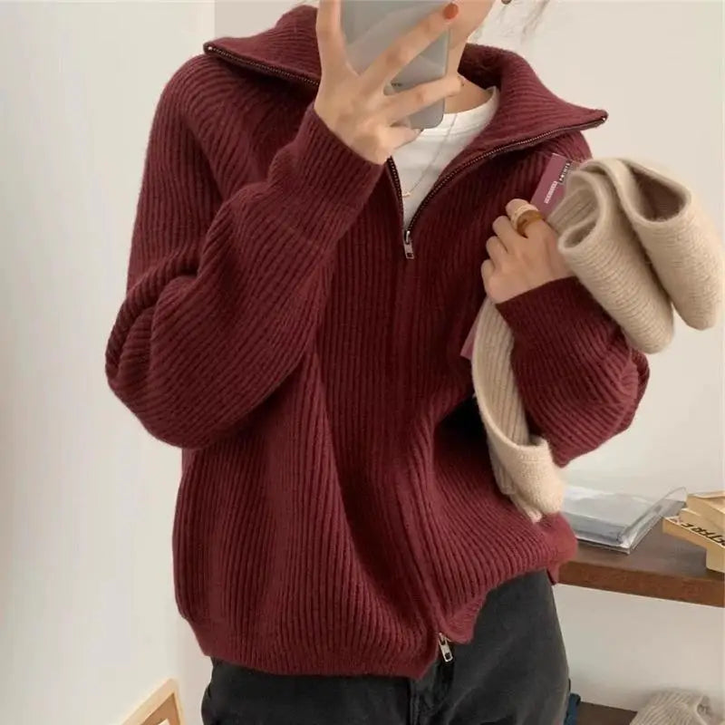 Simplicity Fashion Autumn Winter Sweaters Women's Solid Lapel Two Way Zipper Temperament chic Long Sleeve Cardigan Knitted Tops