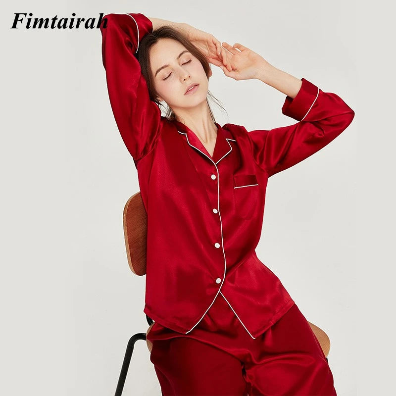 Fimtairah New 6A 100%  Silk Pajamas Women's Spring Autumn 2024 Fashion Lady Long-sleeved Two-piece Suit  Summer home clothes
