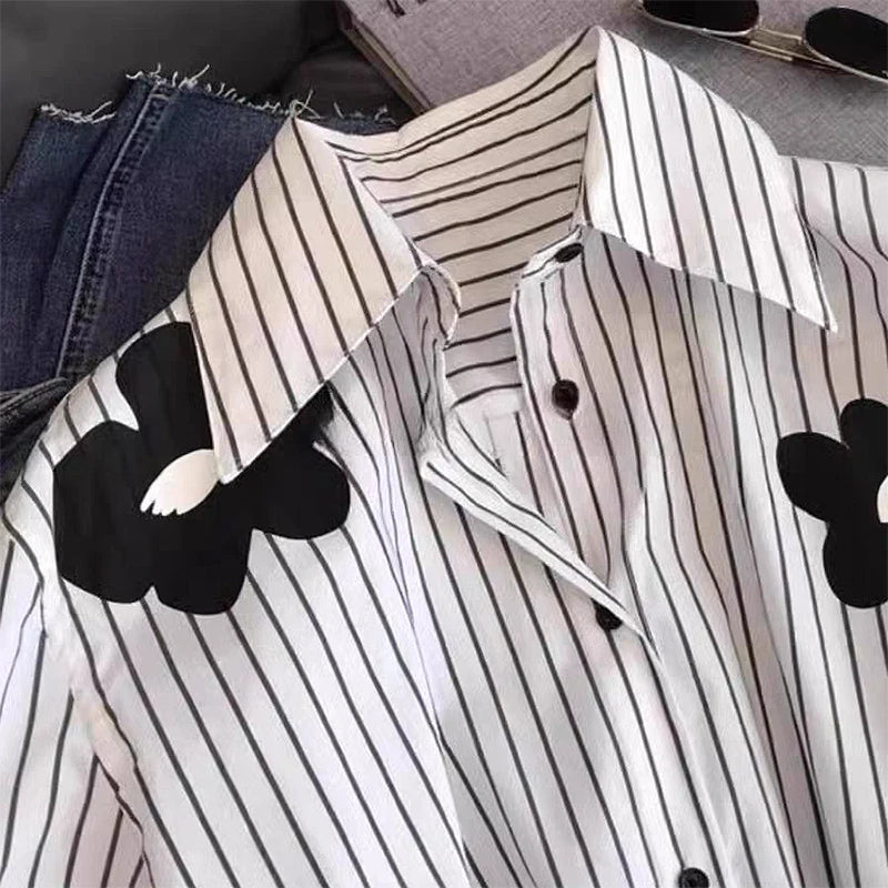 Turn-down Neck Flower Stripe Long Sleeved Loose Shirt And Blouse New In Clothing Top Casual Single Breasted Office Lady White