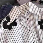 Turn-down Neck Flower Stripe Long Sleeved Loose Shirt And Blouse New In Clothing Top Casual Single Breasted Office Lady White
