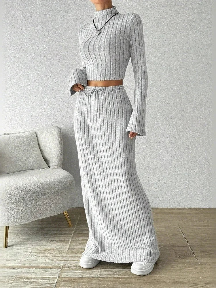 Casual Solid Exposed Navel Knitted Pants Set Women Fashion Spring Stand Collar Long Sleeved Top Lady Fashion Daily Casual Sets
