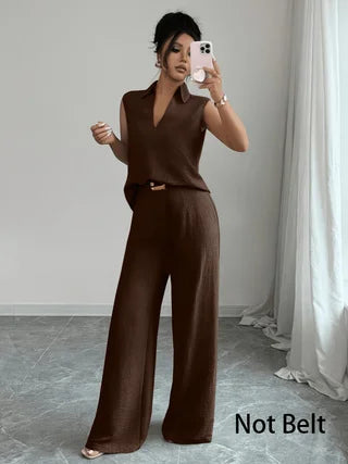 2026 Summer New Sleeveless V-Neck Wide-Leg Pants Set, French-Style High-End Work-Casual Two-Piece Set, Elegant and Slimming Plus-Size Women's Clothing, Suitable for Workplace, Daily Wear, and Vacation Outfits