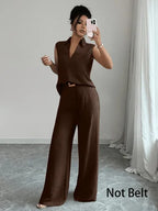 2026 Summer New Sleeveless V-Neck Wide-Leg Pants Set, French-Style High-End Work-Casual Two-Piece Set, Elegant and Slimming Plus-Size Women's Clothing, Suitable for Workplace, Daily Wear, and Vacation Outfits