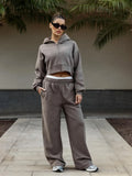 Women's Fall Winter Hooded Sweatshirt Set, Long Sleeve Short Top & Drawstring Waist Pants, Casual Sportswear for Ladies