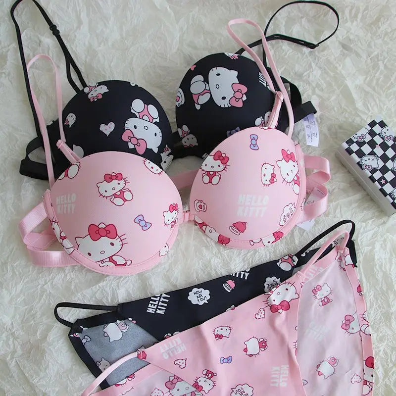 Japanese Hello Kitty Front Closure Push Up Bra Set for Women, Cute Kawaii Underwire Lingerie Set with Panty Y2K Women's Bra Set