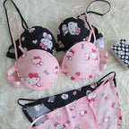 Japanese Hello Kitty Front Closure Push Up Bra Set for Women, Cute Kawaii Underwire Lingerie Set with Panty Y2K Women's Bra Set
