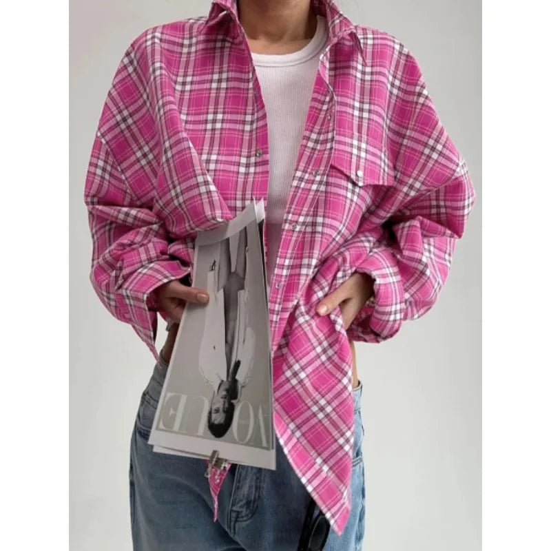 Fashion Baggy Plaid Women'S Blouse Elegant Lapel Long Sleeve Shirts And Blouses Vintage Pocket Lace-Up Top Female 2025