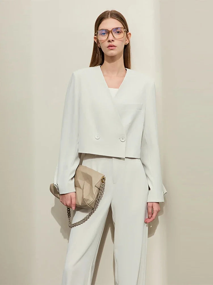 AMII Minimalism Women's Pant 2025 Autumn New Office Lady V-neck Loose Short Blazer Jacket + Casual Solid Pants Separate 12441110