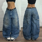American New Fashion Geometric Pattern Embroidered Baggy Jeans Women Y2K Harajuku Vintage Hip-hop Popular Casual Wide-leg Pants