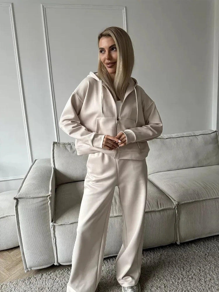 Women's Matching Sets Solid Color Sports Suit Long-sleeved Zipper Cardigan Hooded Sweater Lace-up Trousers Two-piece Set