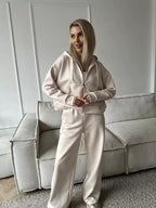 Women's Matching Sets Solid Color Sports Suit Long-sleeved Zipper Cardigan Hooded Sweater Lace-up Trousers Two-piece Set