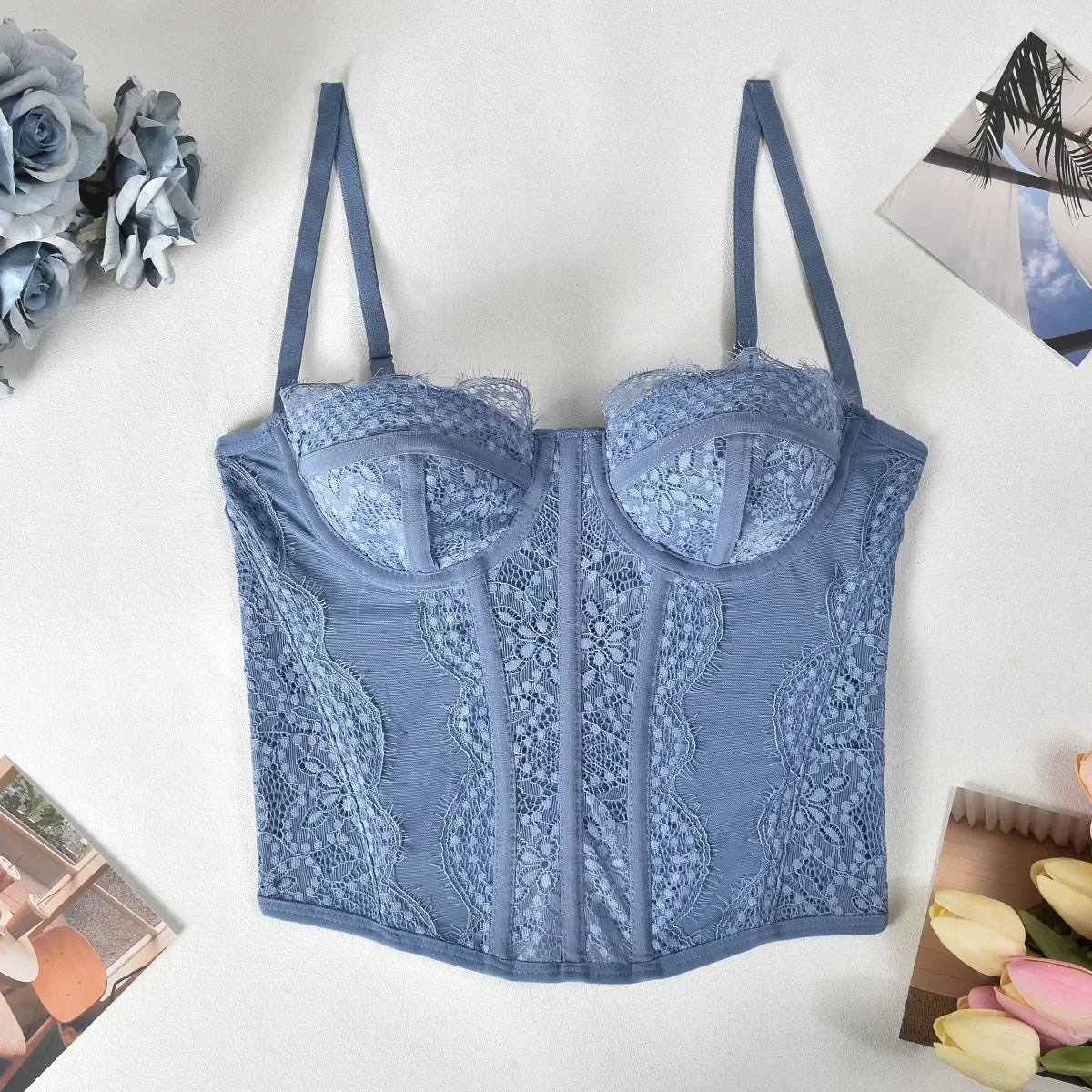 Sexy Lace Corset Tops Women Sheer Mesh Push Up Bra Female Partywear Crop Top Open Back Boned Tube Top Lingerie Bustier Plus Size