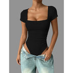Solid Color Square Neck Ribbed Short Sleeve Bodysuit That Highlights Curves And Creates a Slim Silhouette
