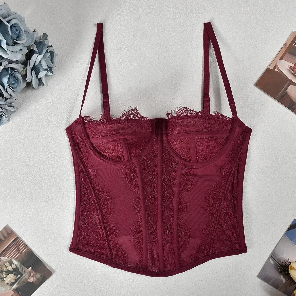 Sexy Lace Corset Tops Women Sheer Mesh Push Up Bra Female Partywear Crop Top Open Back Boned Tube Top Lingerie Bustier Plus Size