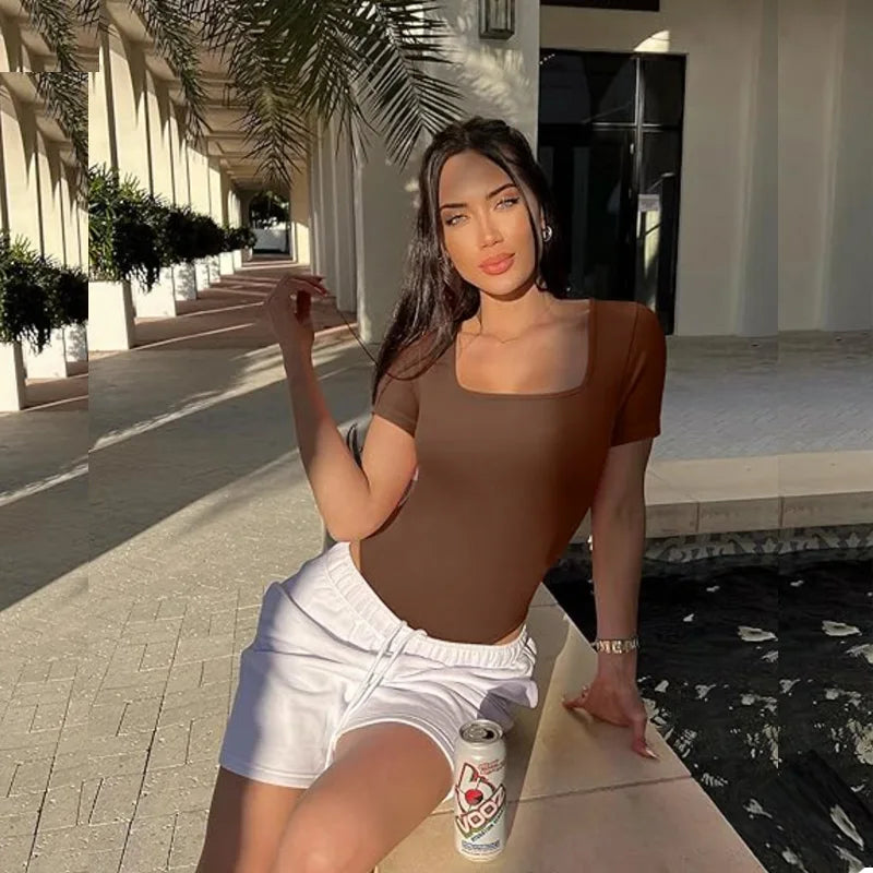Dimmkof Bodysuits Sexy Ribbed One Piece Square Neck Short Sleeve Bodysuits Tummy Control Open Crotch Bodysuit Shapewear Suit