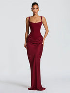 Women's Red Pleated Sling Maxi Dress Square Neck Sleeveless Off-shoulder Waist Cinching Slim Dresses Fashion Evening Party Gowns