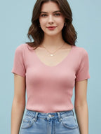 AOSSVIAO 2026 Summer Basic V-neck Solid Thin Women Pullover Female Knitted Ribbed Sweater Slim Short Sleeve Bodycon Sweater
