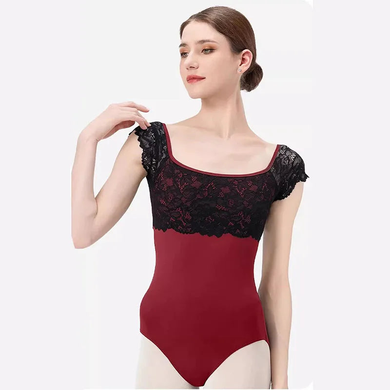 Ballet Leotards For Women Lace Adult Dance Gymnastics Leotard Square collar Back hollow out Dance Wear Short sleeve Bodysuit