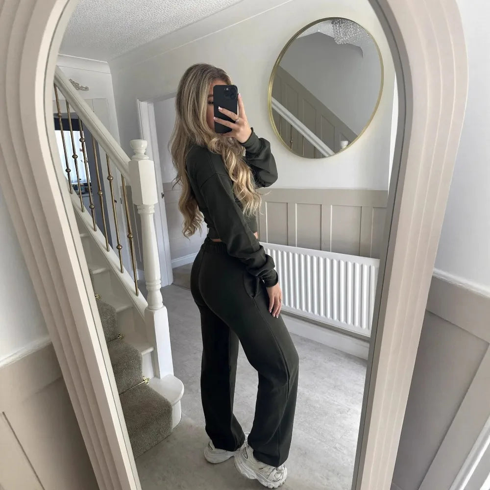 Pant Set Hoodies Sweatshirts Two Piece Sets Women CardiganTracksuit Matching Jogger Sets Zipper Coats Long Pants Lace Up Y2k