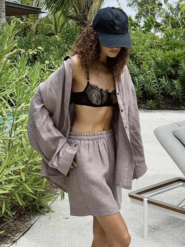 Women's Casual Solid Cotton Linen Pant Sets Chic Laple Single Breasted Long Sleeve Shirt Elasticity Waist Pant New Two Piece Set