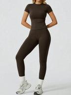2 Piece Yoga Set Women Short Sleeve Top High Waist Leggings Gym Workout Clothing Tummy Control Fitness Sportswear Activewear Sui