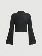 Women Flare Long Sleeve Mock Neck Rib-knit Crop Top Cropped Blouse Spring Fall 2024 Casual Slim Fit T-shirt Tees Y2K Clothes