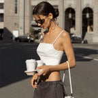 Women's White Satin Bustier Crop Top Spaghetti Strap Square Neck Corset Camisole