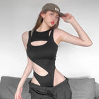 SylCue Irregular Hollow Design Bodysuit Woman 2026 Spring New Style o-Neck Sleeveless Skinny Stretch Street Sexy Fashion Bodycon