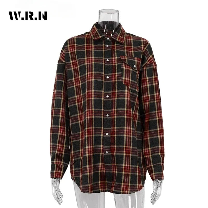 Fashion Baggy Plaid Women'S Blouse Elegant Lapel Long Sleeve Shirts And Blouses Vintage Pocket Lace-Up Top Female 2025