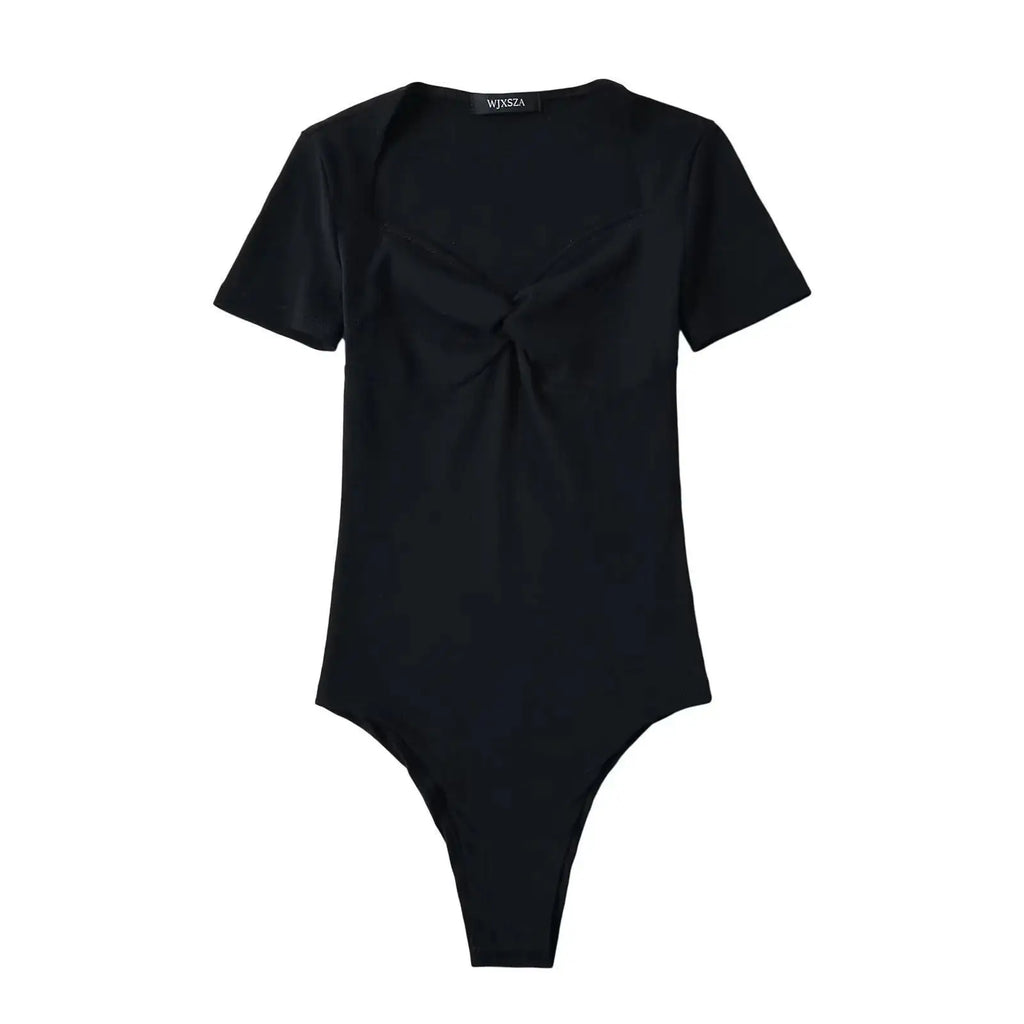Summer Short Sleeve Square Collar Folds Bodysuits Women Elastic Slim Top Jumpsuits